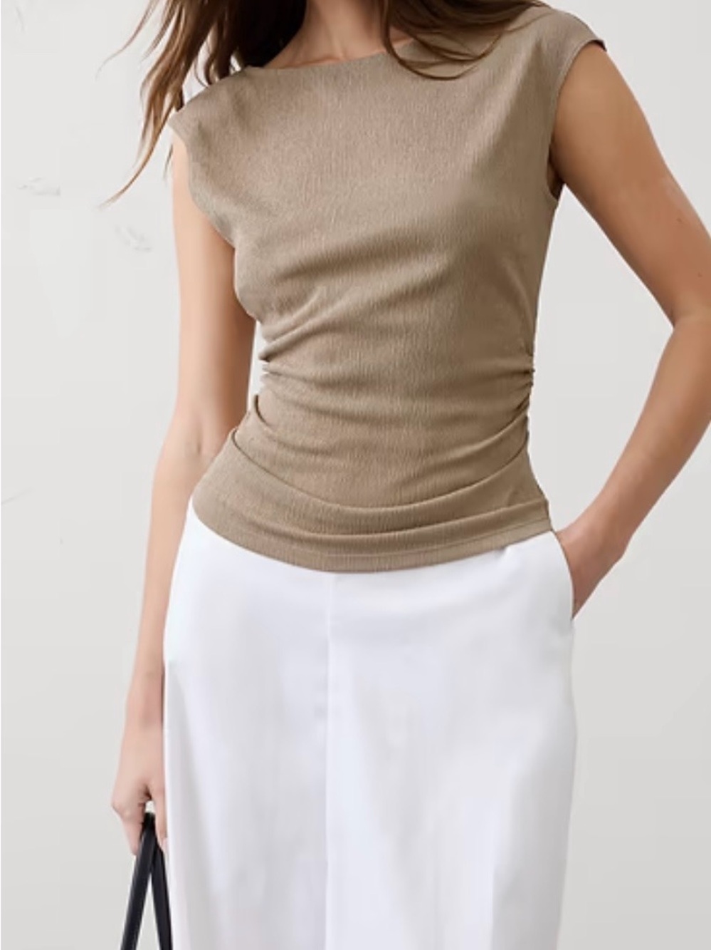 Banana Republic Textured Smocked Ruched Top in Tan